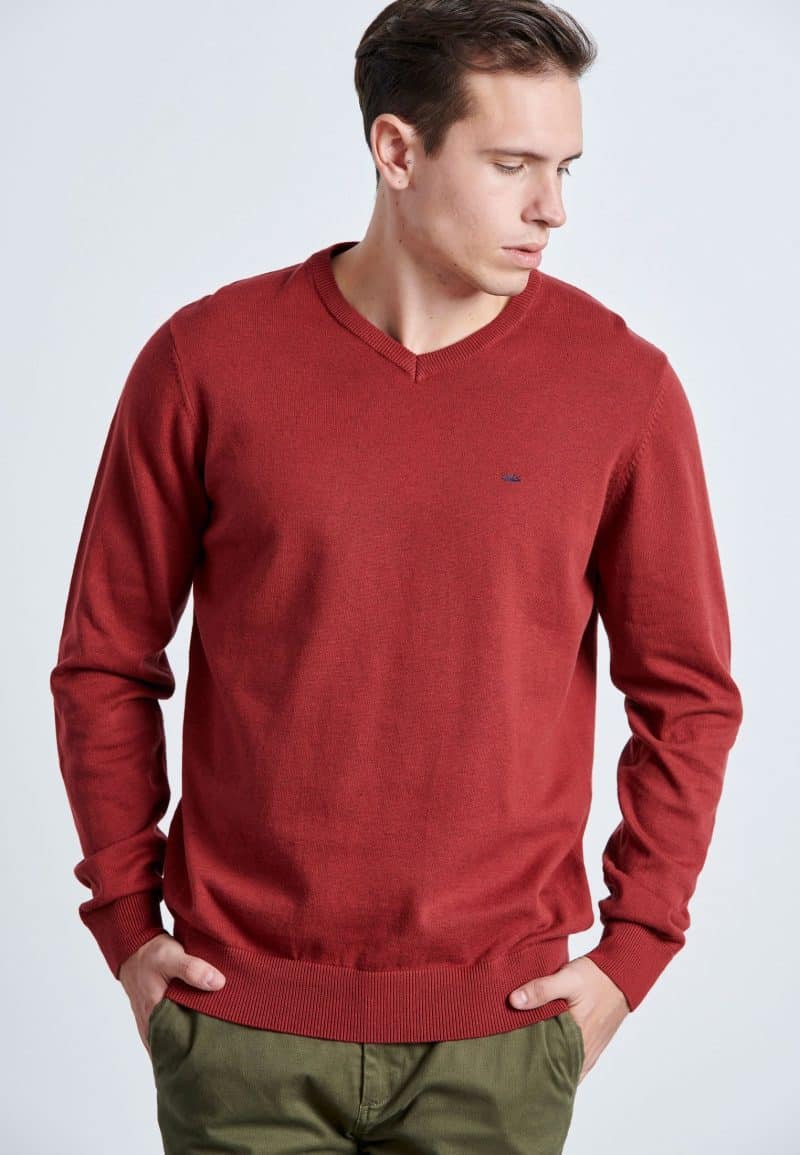 Βαμβακερή πλεκτή Μπλούζα με άνοιγμα V - Red