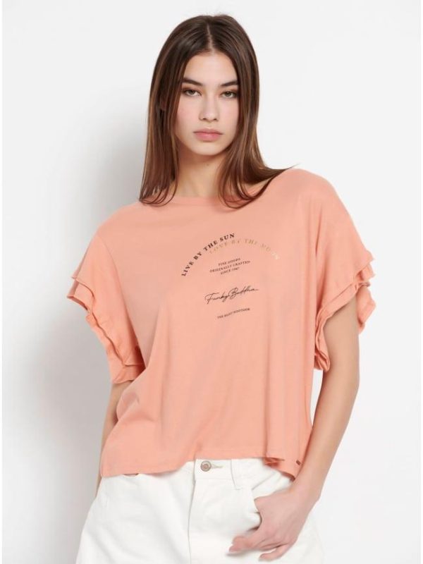 T-shirt με βολάν στο μανίκι και τύπωμα μπροστά Apricot profile