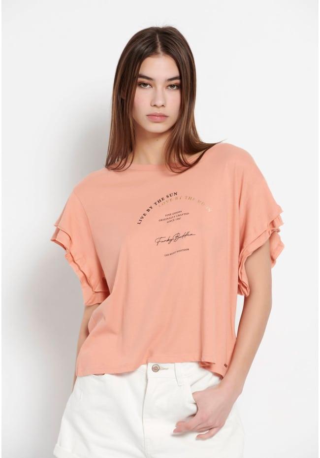 T-shirt με βολάν στο μανίκι και τύπωμα μπροστά Apricot profile