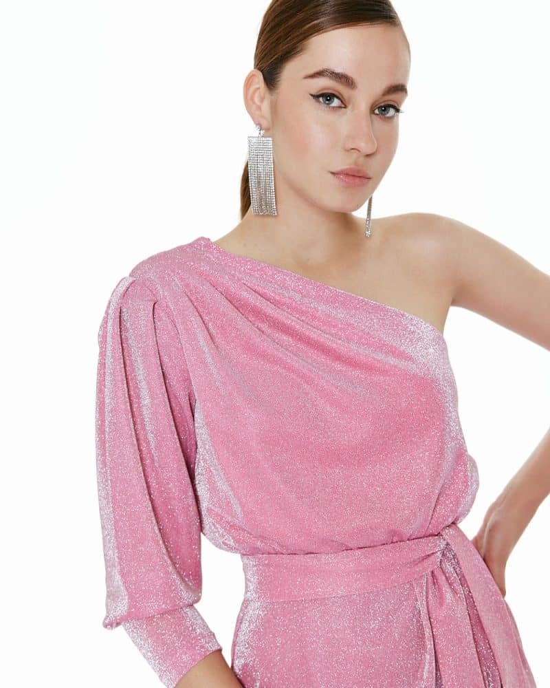Φόρεμα lurex ένας ώμος pink details