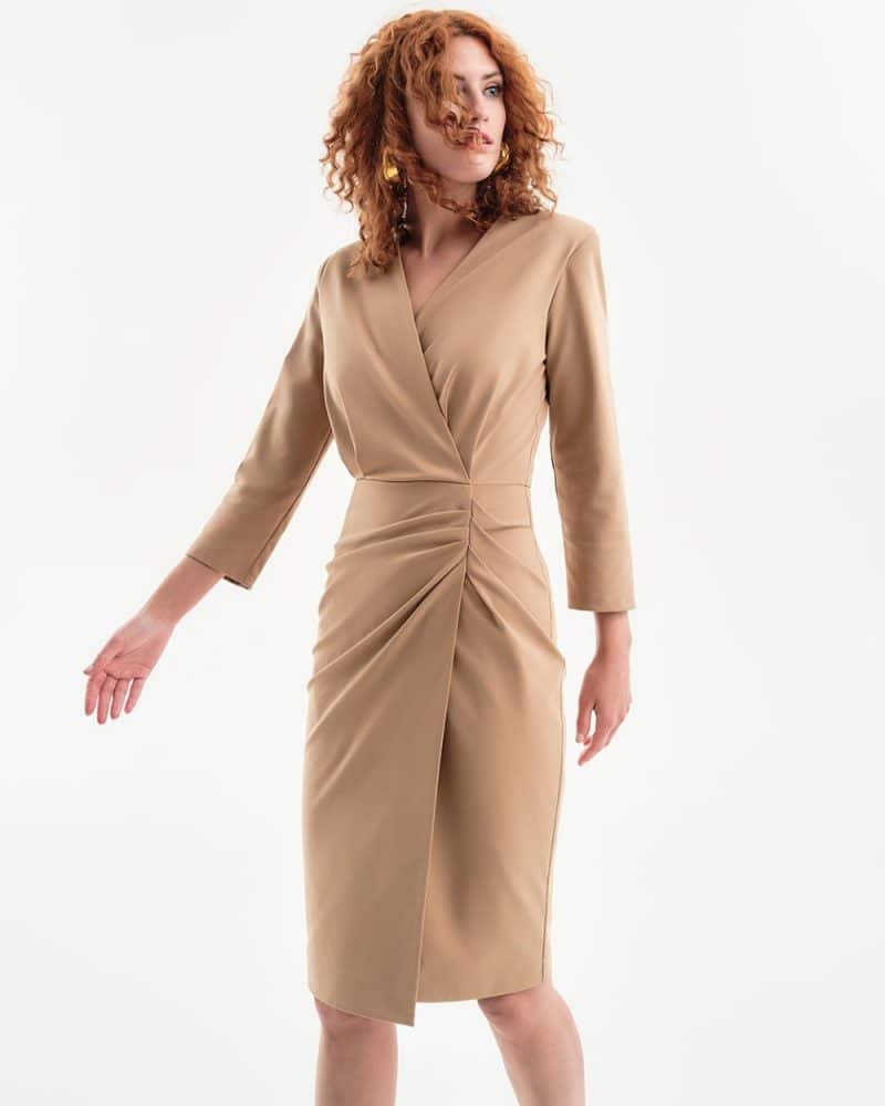 Φόρεμα μίντι κρουαζέ με πιέτες profile camel 34-3101